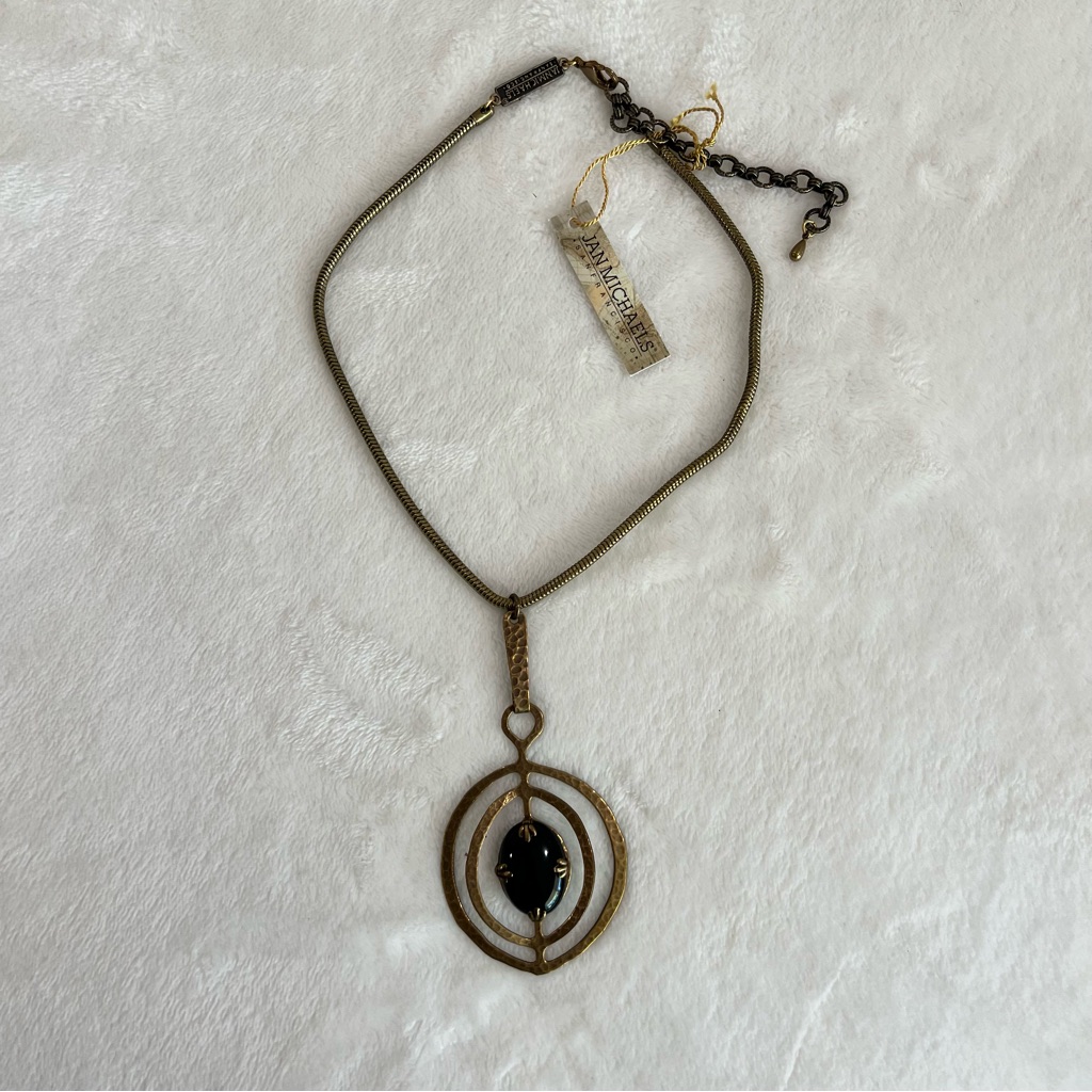 Vintage Jan Michaels San Francisco Necklace Black Onyx Antique Brass Filigree